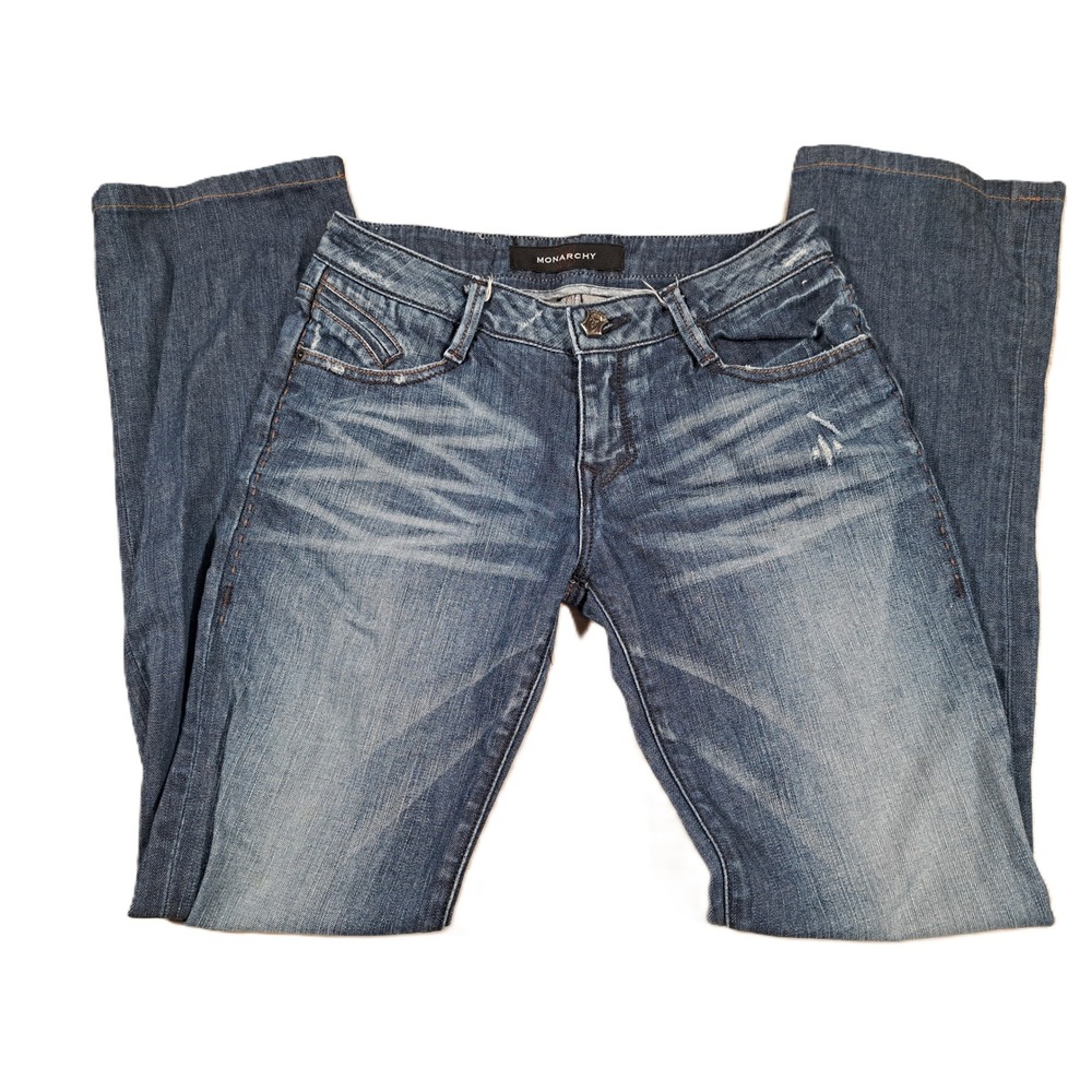 Monarchy Womens Low Rise‎ Flare Jeans Distressed Medium Wash Sz 25 Pocket Detail